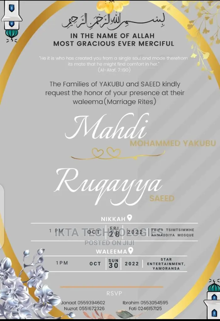 Amazing Memorable Wedding Invitation Card Design in Kumasi Metropolitan