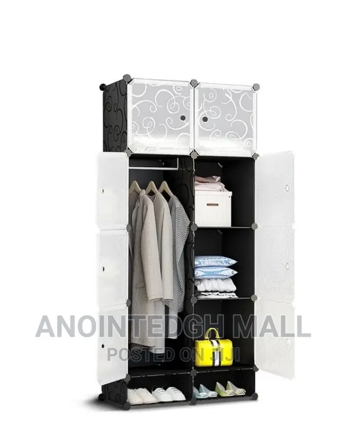 8 Cubes Plastic Wardrobe With Shoe Rack Black/White in Teshie